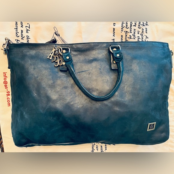 NWT A.S. 98 leather unisex Ocean Blue with black trim zipper satchel bag - Picture 3 of 13